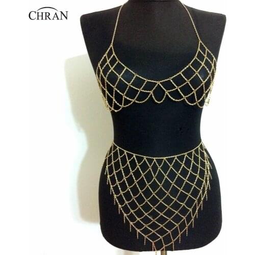 Chran Ibiza Chain Bra Belly Waist Skirt Harness Necklace Women Beach Bralette Coachella Party Wear EDM Festival Jewelry CRBJ905