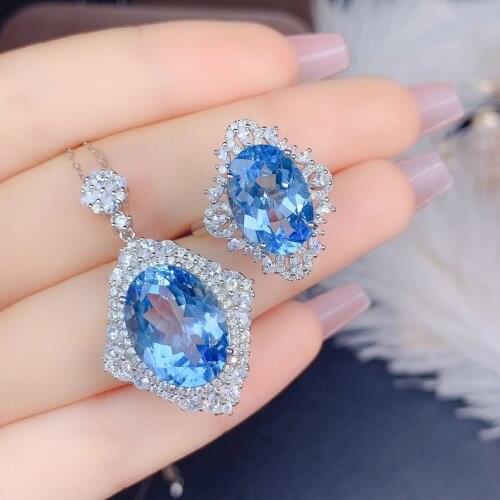 925 Sterling Silver Set Topaz Necklace Rings Crystals Classic Party Silver Jewelry Sets