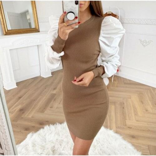 New Dress Women Autumn Long Puff Sleeve Bodycon Patchwork Knitwear Evening Party Dress Vestidos Elegant Verano Women sukienki