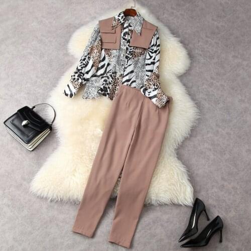2021 Long-sleeved Leopard Print Shirt 7 Minutes of Pants Three-piece Suit European and American Womens Wear for Spring