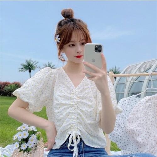 #4102 Summer 2021 New V-neck Puff Sleeve Cotton Short Sleeve Drawstring Short Chiffon Shirt Sweet Blouse Flower Cute Tunic Tops