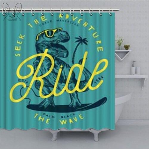 Aplysia T Rex Dinosaur Drawing Surfing Vintage Print in Blue and Yellow Retro Colors Fabric Bathroom Shower Curtains Sets