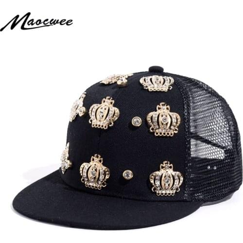 Womens Snapback Hat Queen Crown Baseball Caps Hip Hop Hats Black Summer Peaked Rhinestone Crystal Sun Breathable Mesh Caps