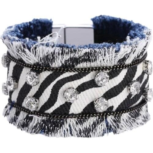 ORNAPEADIA Luxury Jewelry Fashion Bracelet for Women Retro Denim Fabric Diamond Houndstooth Tassel Wide Bracelet Wholesale