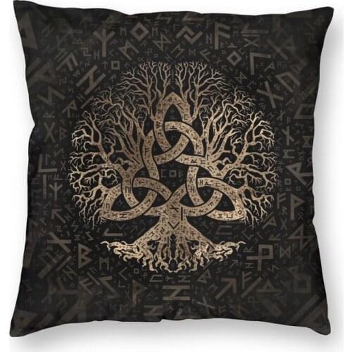 Tree Of Life With Triquetra On Futhark Pattern Cushion Cover Sofa Living Room Vikings Square Throw Pillow Case Office Cushion