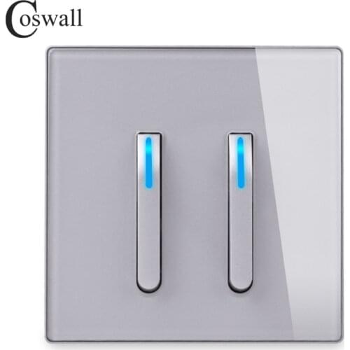 COSWALL 1/2/3/4 Gang 1/2 Way Piano Key Design On / Off Wall Light Switch Backlight Data CAT6 HDMI USB Charging Glass Panel Grey
