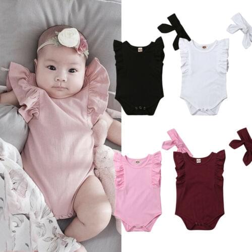 Newborn Baby Girl Ruffles Cotton Romper Jumpsuit Headband 2Pcs Clothing Set Toddler Kids Summer Rompers Outfit Sunsuit Clothing