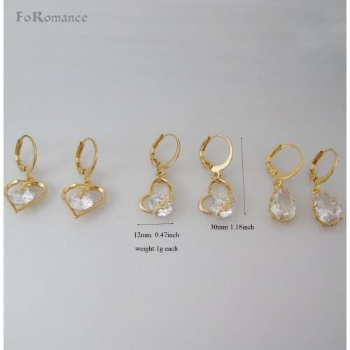 Foromance/ DANGLE 1.18" - YELLOW GOLD GP CLEAR SHINNING ZIRCON STONE CHARM DANGLER WATER DROP HEART EARRING