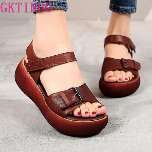 GKTINOO 2020 New Retro Summer Women Sandals 100% Genuine Leather Open Toe Shoes Casual High Heel Wedges Platform Sandals Woman
