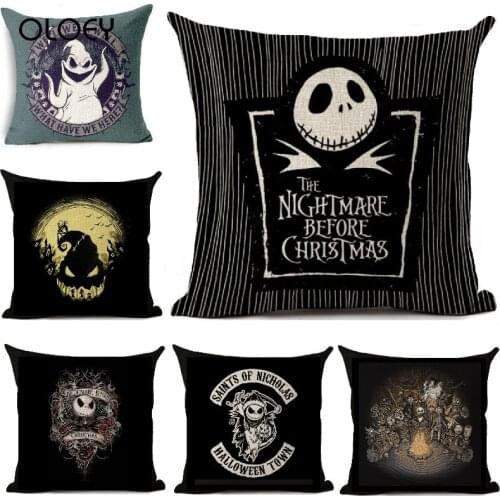 Halloween Skull Jack Print Cushion Cover Nightmare Before Christmas Decoration Sofa Car Chair Home Decor Cotton Linen Pillowcase