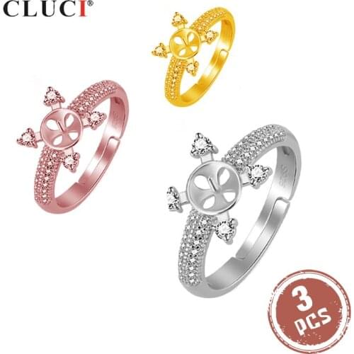 CLUCI 3pcs 925 Sterling Silver Ring Women Wedding Jewelry Silver 925 Pearl Ring Mounting Adjustable Open Zircon Ring SR2120SB