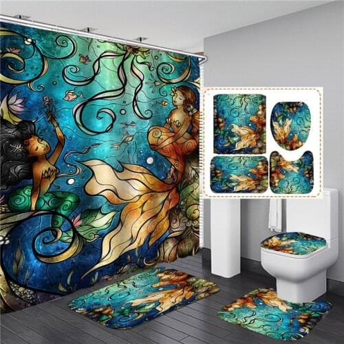 Sexy Mermaid Shower Curtain Set Waterproof Print Bathroom Curtain Anti-slip Bath Rug Mat Soft Carpet Toilet Lid Cover Home Decor