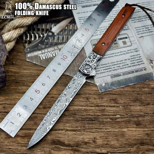 LCM66 Damascus Steel Folding knife Handmade forged Pen knife hunting knife 60HRC Red sandalwood handle with Portable knife Tools
