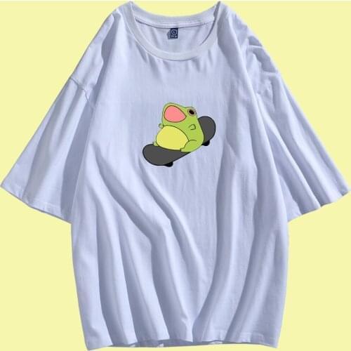 Summer Kawaii Frog on Skateboard Shirt Oversized Harajuku Cotton Women Tees Casual Streetwear Women Fashion Half Sleeve Men Tops