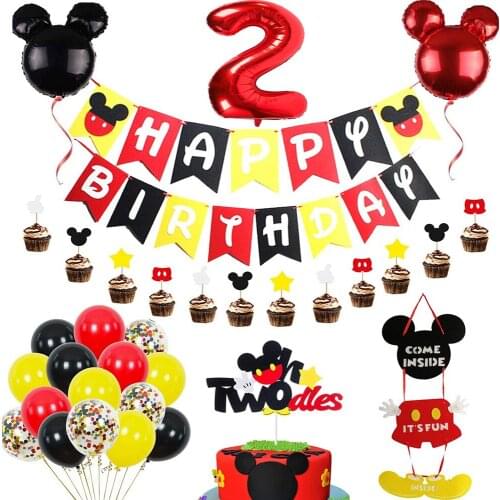 Mickey mouse Anniversary Party Supplies Kits Happy Birthday Banner Flags and Welcome Hanger Door Sign for Baby Kids Party Decor