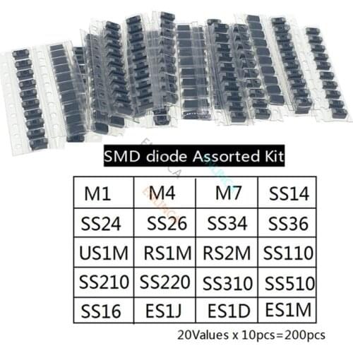 200pcs/lot SMD diode Assorted Kit 20 values*10PCS contains SS110 SS220 SS210 SS310 SS510 SS16 SS26 SS34 SS36 ES1J ES1D ES1M US1M