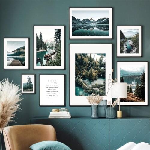 Wall Art Canvas Painting Green Lake Forest Snow Mountain Nordic Posters And Prints Wall Pictures For Living Room Home Decoration