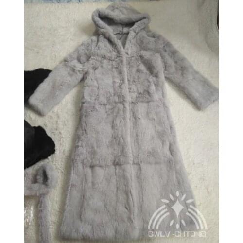 Real genuine natural lady rabbit fur coat with hood women X-long fashion jacket with fur belt custom any size any color