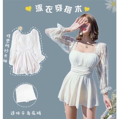 New Conservative One-Piece Dress Covering Belly Thin Korean Hot Spring Student Long-Sleeved Swimsuit for Women