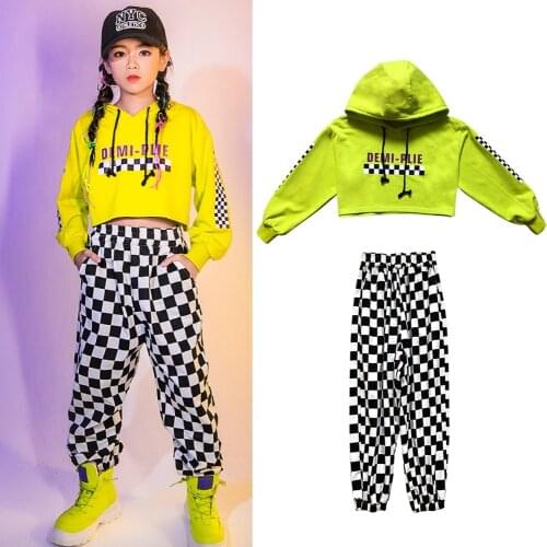 Girls Hip Hop Clothing Green Cropped Hoodie Sweatshirt Tops Plaid Loose Jogger Pants Kids Jazz Hiphop Dance Costumes Streetwear