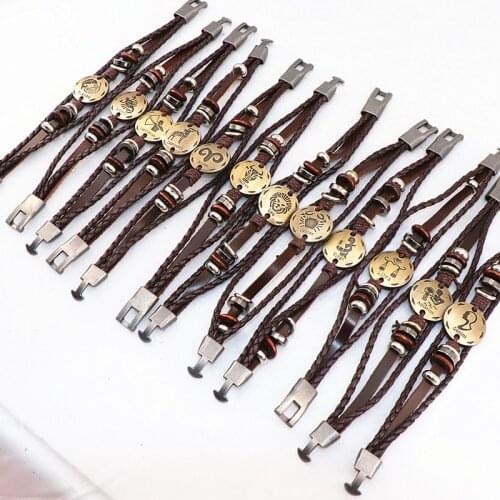 Wholesale 36pcs/lot Twelve Constellations Leather Bracelet Retro Brown MultiLayer Buckle Punk Woven Zodiac Bangle For Men Wome