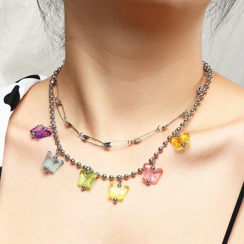 Punk Double Layer Butterfly Pendant Necklace For Women Colorful Fashion Vintage Charm Harajuku Animal Choker Necklace Jewelry