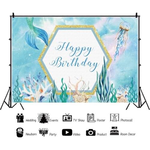 Undersea Mermaid Jellyfish Blue Cartoon Backdrop Shooting Props for Kids Birthday Party Background Photography Photocall