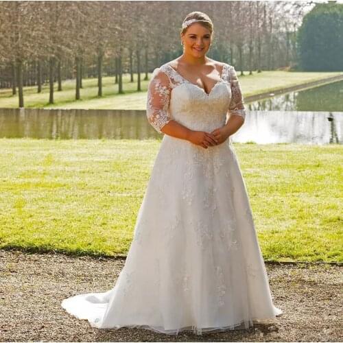 Plus Size Wedding Dress A-Line V-Neck Three Quarter Backless Lace Appliques Sequined Floor Length Sweep Train Bride Gown New