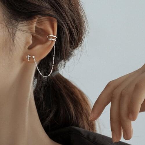 Womens Fashion Asymmetric Cartilage Clip Earrings Simple Style Chain Tassel Cuff Earrings Stud Piercing Earring Accessory Gifts