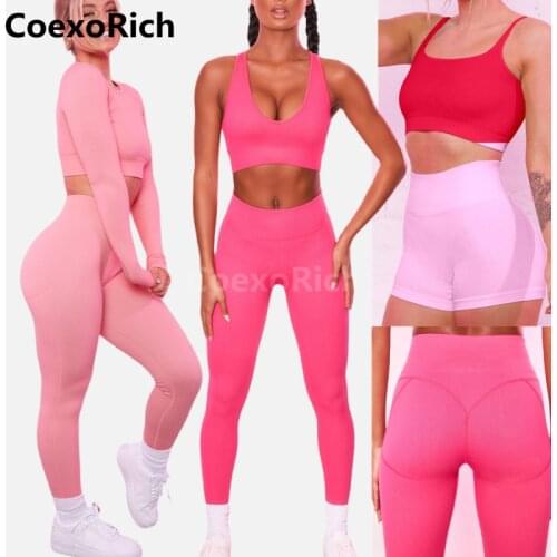 2021 Gym Clothing Sports Bra Workout Set Women Yoga Suit Seamless Long Sleeve Crop Top Scrunch Butt Fitness Leggings Yoga Shorts