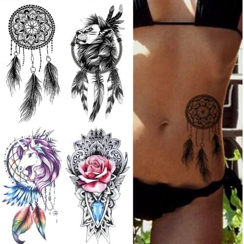 Waterproof Temporary Tattoo Sticker Dream Catcher Flash Tattoos Lion Flowers Body Art Arm Fake Sleeve Tatoo Women