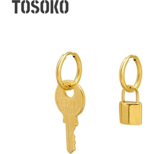 TOSOKO Stainless Steel Jewelry Stereo Exaggerated Lock Key Asymmetric Earrings Womens Personality Earrings BSF520