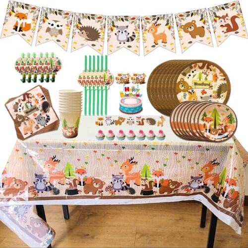 Forest Animal Party Decorations Disposable Tableware Set Jungle Theme Plate Cups Straw For Birthday Party Baby Shower