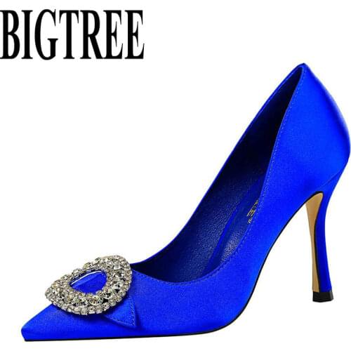 BIGTREE 2019 New Women Pointed Toe High Heel Shoes Woman Pumps Fashion Shallow Crystal Metal Buckle Silk Dress Party Shoes 226-1
