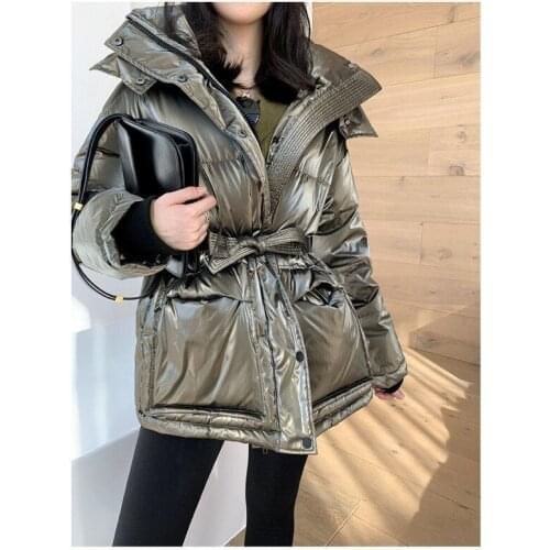 QingWen Winter Women Thick Warm Metal Shiny Waist New White Duck Down Jacket Female 2021 Parkas Hooded Waterproof Snow Outwear