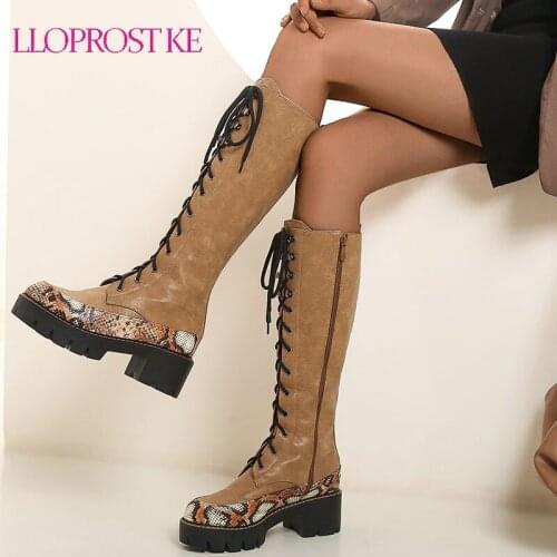 Lloprost ke 2021 Square Heel PU Leather Women Shoes Casual Round Toe Lace Up Zip Fashion Ladies Knee High Boots Big Size 34-43