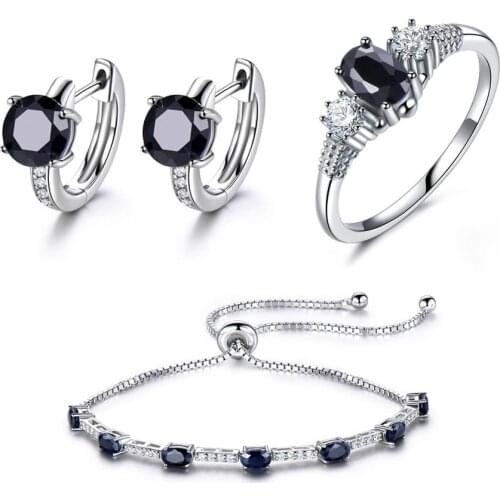 Luxury S925 Sterling Silver Natural Black Sapphire Ring Earring Bracelet Jewelry Set Valentines Day Women Wedding Jewelry Set
