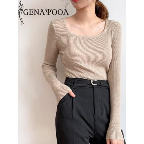 Genayooa Autumn Kintted Women Sweater Slim Long Sleeve Pullover Casual Square Collar Female Jumpers Basic Fashion Sweater