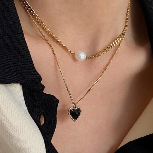 Origin Summer Textured Double-Layer Love Heart Pendant Necklace for Women Gold Metal Chain Imitation Pearl Necklace Jewelry