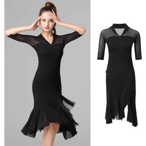 Black V-Neck Women Latin Dance Dress Summer Half Sleeve Rumba Samba Dancing Practice Wear Tassel Competition Costume YS2203