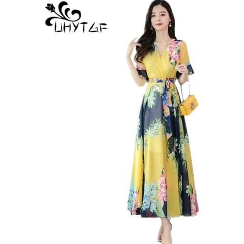 UHYTGF Dresses For Women Fashion Printed High-End Chiffon Summer Dress V-Neck Large Swing Casual Female Dress 4XL Plus Size 2100