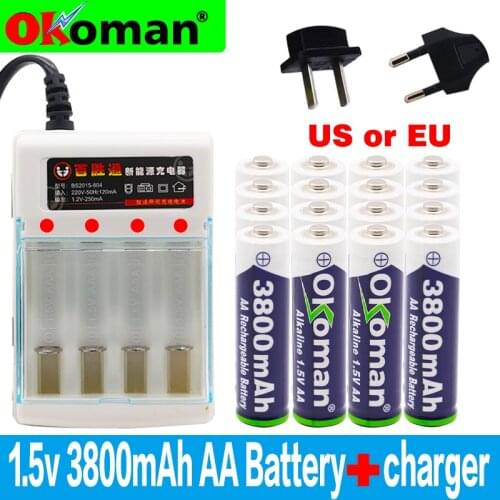 100% new 1.5V rechargeable AA 3800mah alkaline batteries for clock toys flashlight remote control camera battery + charger