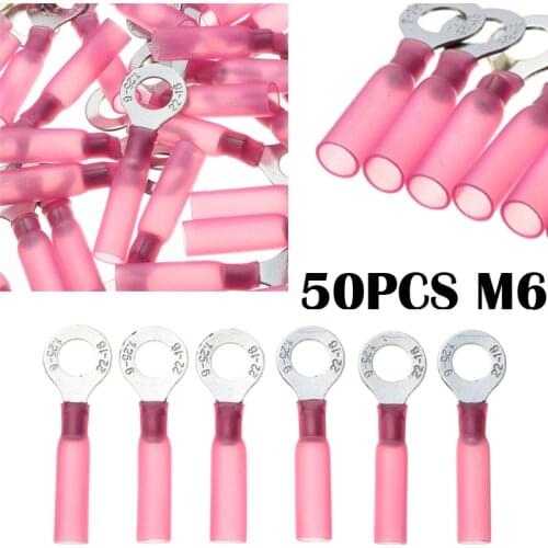 50pcs Copper + PE Crimp Terminals Red Ring M6 Insulated Heat Shrink Connector Electrical Wire Cable 22-18 AWG Connector