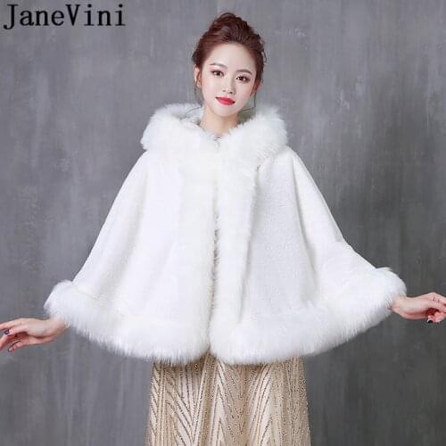 JaneVini 2020 White Hooded Fur Cloak Winter Wedding Faux Fur Coat Women Wraps Shawl Capes Stole Shrugs bolero meisje stola bruid