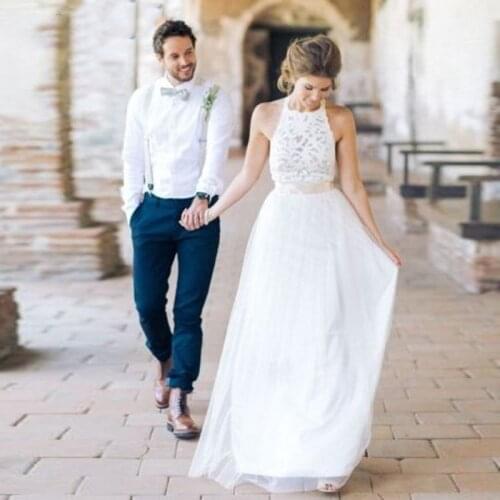 Thinyfull White Bridal Dress Vestido De Noiva Simple Beach Wedding Dresses Halter Neck Lace Backless Long Tulle Bridal Gown 2019