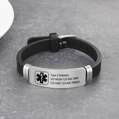 Free Engraving Medical Alert ID Bracelet for Kids and Adult Silicone Wrist Band Stainless Steel Tag Emergency Remind Jewelry
