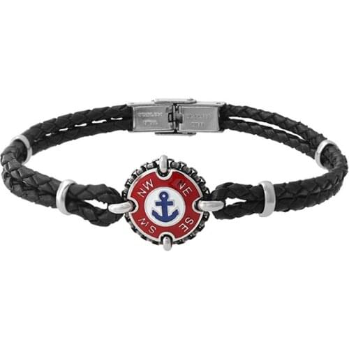 Runda Fashion Men And Women Black Braided Leather Bracelet With Anchor Round Enamel Charm Couple Gift