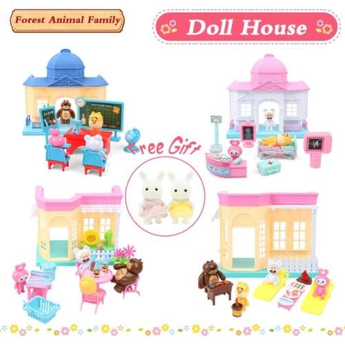 Kid Toy DIY Classroom Hospital Flower Shop Set Miniature Simulation Role Play Dollhouse Furniture Dolls Toys For Girls Xmas Gift