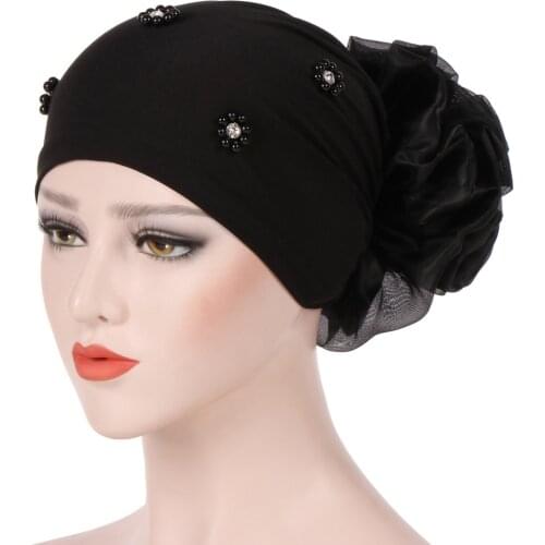 Elastic Women Big Flower Hijab Turban Caps Muslim Beading Head Scarf Ladies Hair Accessoires Cap Islamic Underscarf Bonnet