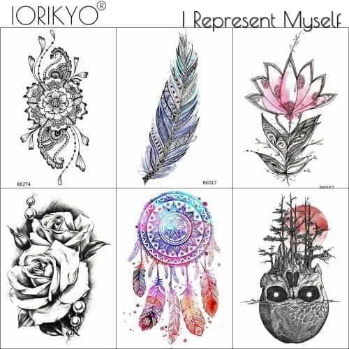 IORIKYO Watercolor Dreamcatcher Tattoo Women Chest Men Arm Skull Tree Temporary Tattoo Sticker Blue Feather Tatoo Body Art Rose